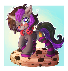 Size: 2301x2397 | Tagged: safe, artist:chaosangeldesu, oc, oc only, oc:purple flame, species:pony, species:unicorn, blep, chibi, clothing, cookie, food, headphones, hoodie, male, one eye closed, socks, solo, stallion, standing, striped socks, tongue out, wink