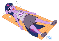 Size: 1000x697 | Tagged: safe, artist:phallen1, character:twilight sparkle, species:anthro, newbie artist training grounds, 42, atg 2019, clothing, exhausted, female, panting, running shoes, shorts, simple background, solo, sweat, tank top, towel, transparent background