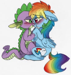 Size: 715x755 | Tagged: safe, artist:xenon, character:rainbow dash, character:spike, species:dragon, species:pegasus, species:pony, ship:rainbowspike, blushing, cute, dawwww, female, hug, looking at each other, male, mare, shipping, simple background, spikelove, straight, white background