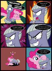 Size: 1140x1546 | Tagged: safe, artist:magerblutooth, character:limestone pie, character:pinkie pie, species:earth pony, species:pony, bait and switch, blush sticker, blushing, comic, commission, cross-popping veins, cute, dialogue, evil grin, female, floating heart, glomp, grin, heart, hug, limabetes, limetsun pie, mare, sisterly love, skull, skull eyes, smiling, sunburst background, tsundere, wingding eyes