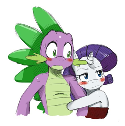 Size: 551x554 | Tagged: safe, artist:ss2sonic, edit, character:rarity, character:spike, species:anthro, ship:sparity, blushing, cropped, female, holding, hug, male, shipping, straight