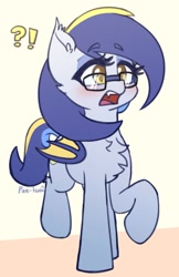 Size: 1104x1701 | Tagged: safe, artist:puetsua, oc, oc only, oc:eclipse lim, species:bat pony, species:pony, bat pony oc, blushing, chest fluff, ear fluff, exclamation point, fangs, female, glasses, interrobang, lidded eyes, mare, open mouth, question mark, raised hoof, raised leg, solo, surprised