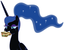 Size: 9396x7330 | Tagged: safe, artist:dragonchaser123, character:nightmare moon, character:princess luna, species:pony, episode:between dark and dawn, g4, my little pony: friendship is magic, absurd resolution, alternate hairstyle, female, food, mare, missing accessory, ponytail, sandwich, simple background, solo, transparent background