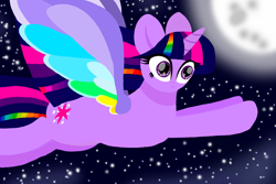 Size: 1500x1000 | Tagged: safe, artist:katya, character:twilight sparkle, character:twilight sparkle (alicorn), species:alicorn, species:pony, friendship is magic: rainbow roadtrip, g4, my little pony: friendship is magic, colored wings, moon, multicolored wings, night, rainbow wings, stars, wing bling, wings