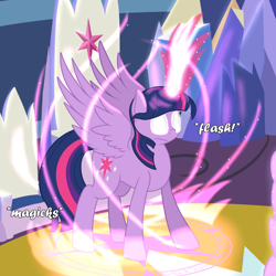 Size: 1000x1000 | Tagged: safe, alternate version, artist:phoenixswift, character:twilight sparkle, character:twilight sparkle (alicorn), species:alicorn, species:pony, female, friendship throne, glowing eyes, glowing horn, horn, magic, magic circle, solo