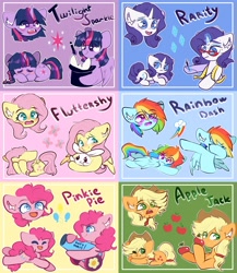 Size: 2600x3000 | Tagged: safe, artist:etoz, character:angel bunny, character:applejack, character:fluttershy, character:pinkie pie, character:rainbow dash, character:rarity, character:twilight sparkle, character:twilight sparkle (alicorn), species:alicorn, species:earth pony, species:pegasus, species:pony, species:rabbit, species:unicorn, animal, apple, blushing, braid, chest fluff, clothing, cutie mark, dab, ear fluff, eye clipping through hair, female, food, hat, magic, magic wand, mane six, mare, measuring tape, open mouth, party cannon, rainbow dab, rarity's glasses, telekinesis, top hat