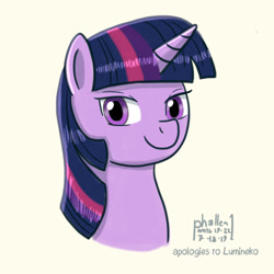 Size: 1000x1000 | Tagged: safe, artist:phallen1, character:twilight sparkle, species:pony, newbie artist training grounds, atg 2019, bust, female, portrait, simple background, solo, style emulation