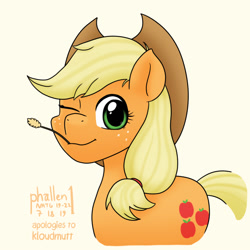 Size: 1000x1000 | Tagged: safe, artist:phallen1, character:applejack, species:pony, newbie artist training grounds, atg 2019, bust, female, one eye closed, portrait, solo, straw in mouth, style emulation, wink