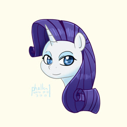 Size: 1000x1000 | Tagged: safe, artist:phallen1, character:rarity, species:pony, newbie artist training grounds, atg 2019, bust, female, portrait, simple background, solo, style emulation