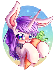Size: 1000x1289 | Tagged: safe, artist:chaosangeldesu, oc, oc only, oc:lapush buns, species:pony, species:unicorn, blushing, bunny ears, bunnycorn, bust, carrot, cute, food, simple background, smiling, solo