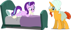 Size: 1986x834 | Tagged: safe, artist:davidsfire, artist:osipush, artist:wissle, edit, editor:slayerbvc, character:starlight glimmer, character:sunburst, species:pony, species:unicorn, bed, cute, female, glasses, glimmerbetes, head towel, hooves on cheeks, looking down, male, mare, pillow, ponies wearing sunburst's socks, prone, simple background, smiling, sockless sunburst, socks (coat marking), stallion, sunburst's glasses, teasing, towel, towel around waist, transparent background, vector, vector edit
