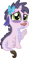 Size: 415x831 | Tagged: safe, artist:starryoak, oc, oc only, oc:miracle, parent:rarity, parent:spike, species:dragon, miracleverse, bow, dragon oc, fangs, female, hair bow, simple background, sitting, solo, story included, transparent background