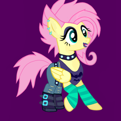Size: 1500x1500 | Tagged: safe, artist:katya, artist:rustle-rose, character:fluttershy, species:pony, episode:the road less scheduled, g4, my little pony: equestria girls, my little pony:equestria girls, spoiler:choose your own ending (season 2), spoiler:eqg series (season 2), alternate hairstyle, choker, clothing, equestria girls outfit, eyeshadow, female, flutterpunk, lipstick, makeup, ponified, purple background, simple background, solo, spiked choker, tank top, the road less scheduled: fluttershy, vector