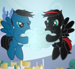 Size: 3600x3300 | Tagged: safe, artist:agkandphotomaker2000, oc, oc:arnold the pony, oc:pony video maker, species:pegasus, species:pony, cloud, fight, fighting over something, ponyville, red and black mane, red and black oc