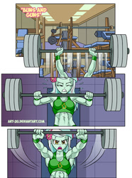Size: 634x851 | Tagged: safe, artist:art-2u, character:lyra heartstrings, comic:buns and guns, my little pony:equestria girls, abs, armpits, bench press, comic, gym, lyra hamstrings, muscles, muscular female, weight lifting, workout