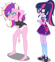 Size: 1391x1578 | Tagged: safe, artist:bluse, artist:sketchmcreations, artist:uponia, edit, editor:slayerbvc, character:dean cadance, character:princess cadance, character:twilight sparkle, character:twilight sparkle (scitwi), species:eqg human, my little pony:equestria girls, armpits, background removed, barefoot, breasts, clothing, eyeshadow, feet, female, hangover, makeup, messy hair, off shoulder, panties, show accurate, tank top, tired, underwear, white underwear
