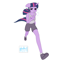 Size: 1000x1000 | Tagged: safe, artist:phallen1, character:twilight sparkle, species:anthro, species:plantigrade anthro, newbie artist training grounds, 42, atg 2019, clothing, female, perspective, running, shoes, simple background, solo, sweat, transparent background