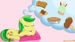 Size: 1920x1080 | Tagged: safe, artist:verminshy, character:apple fritter, character:applejack, character:pinkie pie, ship:applepie, apple family member, apple fritter (food), candy apple (food), cupcake, dream, food, pie, pillow, shipping, sleeping