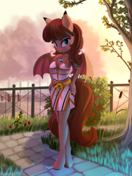 Size: 1500x2000 | Tagged: safe, artist:discordthege, artist:lunebat, oc, oc only, oc:lunette, species:anthro, species:bat pony, species:pony, species:unguligrade anthro, anthro oc, bat pony oc, clothing, collaboration, cute, dress, female, looking at you, mare, nail polish, park
