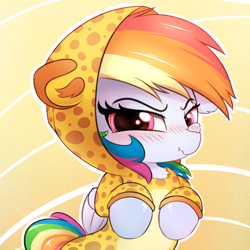 Size: 3000x3000 | Tagged: safe, artist:heavymetalbronyyeah, character:rainbow dash, species:pegasus, species:pony, angry, animal costume, blushing, cheetah, clothing, costume, cute, dashabetes, dawwww, female, high res, hnnng, kigurumi, looking at you, scrunchy face, solo, weapons-grade cute