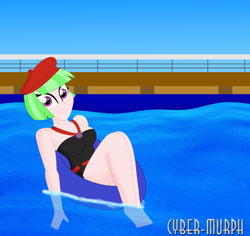 Size: 2312x2187 | Tagged: safe, artist:cyber-murph, character:drama letter, character:watermelody, equestria girls:spring breakdown, g4, my little pony: equestria girls, my little pony:equestria girls, spoiler:eqg series (season 2), background human, beret, breasts, busty watermelody, cleavage, clothing, feet, hat, inner tube, one-piece swimsuit, relaxing, smiling, swimming pool, swimsuit, thighs