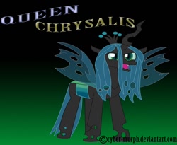 Size: 800x657 | Tagged: safe, artist:cyber-murph, character:queen chrysalis, species:changeling, carapace, changeling queen, chitin, crown, deviantart, female, horn, jewelry, regalia, solo, text, wings