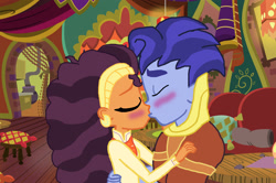 Size: 1863x1240 | Tagged: safe, artist:bigpurplemuppet99, character:hoo'far, character:saffron masala, my little pony:equestria girls, crack shipping, equestria girls-ified, female, kissing, male, saf'far, shipping, straight, the tasty treat
