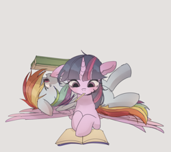 Size: 1463x1300 | Tagged: safe, artist:tcn1205, character:rainbow dash, character:twilight sparkle, character:twilight sparkle (alicorn), species:alicorn, species:pegasus, species:pony, ship:twidash, book, female, floppy ears, lesbian, lying on top of someone, mare, mouth hold, pencil, reading, request, shipping