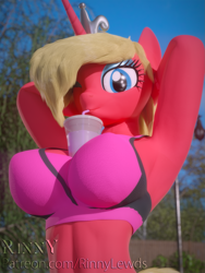 Size: 1445x1920 | Tagged: safe, artist:rinny, oc, oc only, oc:scarlet rose, species:anthro, 3d, abs, armpits, blender, clothing, female, han, hands-free bubble tea challenge, looking at you, midriff, one eye closed, pink bra, pink underwear, ponytail, solo, sports bra, underwear, unicorn oc, wink