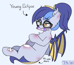 Size: 1170x1041 | Tagged: safe, artist:puetsua, oc, oc only, oc:eclipse lim, species:bat pony, species:pony, bat pony oc, blank flank, bruised, fangs, female, glasses, mouth hold, ointment, ponytail, solo, younger