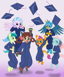 Size: 1500x1800 | Tagged: safe, artist:phallen1, character:gallus, character:ocellus, character:sandbar, character:silverstream, character:smolder, character:yona, species:anthro, species:changeling, species:classical hippogriff, species:dragon, species:earth pony, species:griffon, species:hippogriff, species:pony, species:reformed changeling, species:unguligrade anthro, species:yak, newbie artist training grounds, atg 2019, bow, clothing, cloven hooves, colored hooves, diploma, dragoness, dress, female, gown, graduation, graduation cap, hair bow, hat, holding hands, jewelry, jumping, male, monkey swings, necklace, student six, teenager