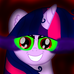 Size: 1000x1000 | Tagged: safe, artist:katya, character:king sombra, character:twilight sparkle, character:twilight sparkle (alicorn), species:alicorn, species:pony, bust, corrupted, evil, female, grin, mare, red eyes, shadow, smiling, sombra eyes