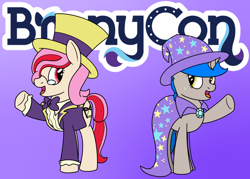 Size: 1400x1000 | Tagged: safe, artist:spritepony, character:jack pot, character:trixie, oc, oc only, oc:sprite, oc:understudy, species:alicorn, species:earth pony, species:pony, g4, alicorn oc, announcement, bronycon, clothing, cosplay, costume, earth pony oc, female, standing