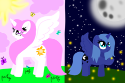 Size: 1500x1000 | Tagged: safe, artist:katya, character:princess celestia, character:princess luna, species:alicorn, species:pony, cloud, female, filly, full moon, moon, pink-mane celestia, sun, young, younger