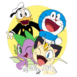 Size: 1414x1414 | Tagged: safe, artist:emositecc, character:spike, species:dragon, species:duck, cat, crossover, donald duck, doraemon, duck tales 2017, meowth, pokémon, winged spike