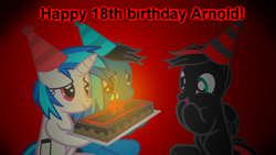 Size: 3840x2160 | Tagged: safe, artist:agkandphotomaker2000, character:dj pon-3, character:vinyl scratch, oc, oc:arnold the pony, oc:pony video maker, species:pegasus, species:pony, species:unicorn, birthday cake, cake, candle, clothing, food, hat, number shaped candles, party hat, red and black mane, red and black oc