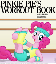 Size: 704x806 | Tagged: safe, artist:kturtle, character:pinkie pie, species:earth pony, species:pony, 80s, book cover, cover, exercise, female, headband, leg warmers, mare, on back, smiling, workout outfit, wristband