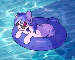 Size: 2048x1638 | Tagged: safe, artist:ak4neh, character:sea swirl, species:pony, species:unicorn, background pony, female, floaty, inner tube, mare, solo, sunglasses, swimming, water, wet, ych result
