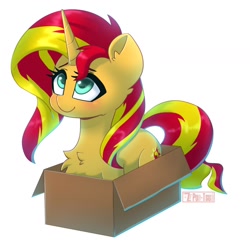 Size: 1286x1258 | Tagged: safe, artist:puetsua, character:sunset shimmer, species:pony, species:unicorn, box, cardboard box, chest fluff, cute, female, if i fits i sits, mare, pony in a box, shimmerbetes, simple background, smiling, solo, white background