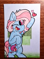 Size: 1920x2560 | Tagged: safe, artist:thebadbadger, oc, oc only, oc:bubblegum, species:pony, cute, one eye closed, solo, traditional art, wink