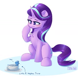 Size: 1645x1643 | Tagged: safe, artist:puetsua, character:starlight glimmer, character:trixie, species:pony, species:unicorn, g4, chest fluff, colored eyebrows, colored pupils, concerned, cup, cute, duo, ear fluff, eyebrows, female, mare, micro, profile, sitting, smol, sweat, sweatdrop, teacup, three quarter view