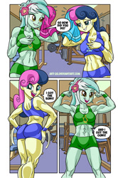 Size: 564x851 | Tagged: safe, artist:art-2u, character:bon bon, character:lyra heartstrings, character:sweetie drops, comic:buns and guns, my little pony:equestria girls, abs, armpits, ass, bench press, bon bombastic, bon butt, butt, clothing, comic, converse, female, gym, lyra hamstrings, muscles, muscular female, shoes, solo, weight lifting, workout