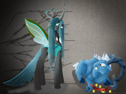 Size: 1341x1001 | Tagged: safe, artist:mr100dragon100, character:grogar, character:queen chrysalis, species:changeling, species:reformed changeling, changeling queen, cloven hooves, dark changedling, duo, female, gray background, male, purified chrysalis, reformed, simple background, transparent mane