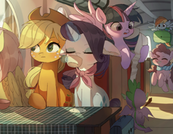 Size: 1942x1500 | Tagged: safe, artist:tcn1205, character:applejack, character:fluttershy, character:pinkie pie, character:rainbow dash, character:rarity, character:spike, character:twilight sparkle, character:twilight sparkle (alicorn), species:alicorn, species:dragon, species:earth pony, species:pegasus, species:pony, species:unicorn, g4, clothing, coffee, cowboy hat, cup, cute, dashabetes, diapinkes, drink, drinking, female, flying, food, glowing horn, hat, hoof hold, horn, jackabetes, magic, male, mane seven, mane six, mare, mouth hold, raribetes, scarf, table, tea, teacup, telekinesis, train, twiabetes, winged spike
