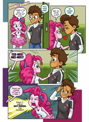 Size: 1859x2554 | Tagged: safe, artist:art-2u, commissioner:imperfectxiii, character:pinkie pie, oc, oc:copper plume, comic:the copperpie chronicles, g4, my little pony: equestria girls, my little pony:equestria girls, about to kiss, angry, blushing, bow, canon x oc, canterlot high, clothing, comic, commission, copperpie, embarrassed, female, freckles, geode of sugar bombs, glasses, impending kiss, implied humane six, interrupted, jeans, laughing, lockers, magical geodes, male, neckerchief, pants, pantyhose, shipping, shirt, shoop da whoop, skirt, straight, yelling