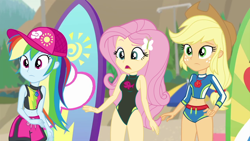 Size: 1280x720 | Tagged: safe, artist:marcorois, edit, edited screencap, editor:slayerbvc, screencap, character:applejack, character:fluttershy, character:rainbow dash, episode:blue crushed (a.k.a baewatch), g4, my little pony: equestria girls, my little pony:equestria girls, beach, board shorts, clothing, geode of super speed, geode of super strength, magical geodes, one-piece swimsuit, rash guard, surfboard, swim trunks, swimsuit, swimsuit edit, wetsuit