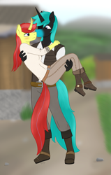 Size: 1357x2137 | Tagged: safe, artist:dyonys, oc, oc:angelo, oc:maya yamato, species:anthro, species:pony, species:unicorn, belt, blushing, boots, bridal carry, carrying, clothing, curved horn, eyepatch, female, holding, horn, looking at each other, male, pants, shipping, shoes, vest, yamangelo