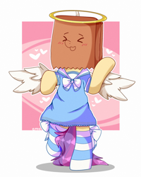 Size: 2000x2500 | Tagged: safe, artist:etoz, oc, oc only, oc:paper bag, species:earth pony, species:pony, angel, angelic wings, bipedal, blushing, chibi, clothing, dress, fake halo, fake wings, female, halo, happy, heart, mare, paper bag, semi-anthro, socks, striped socks, wings