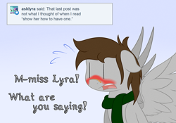 Size: 1000x699 | Tagged: safe, artist:phoenixswift, oc, oc:fuselight, species:pegasus, species:pony, ask fuselight, blushing, blushing profusely, clothing, male, scarf, solo, stallion