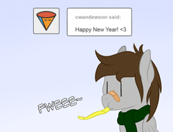 Size: 1000x769 | Tagged: safe, artist:phoenixswift, oc, oc:fuselight, species:pegasus, species:pony, ask, ask fuselight, bandaid, clothing, happy new year, holiday, male, party horn, scarf, solo, stallion, tumblr